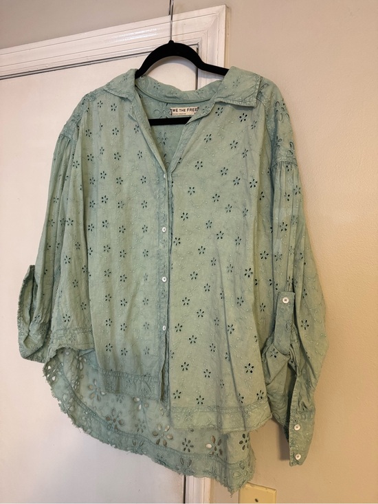 Free People Tops - Free People Mint Green Eyelet Button Down Shirt
